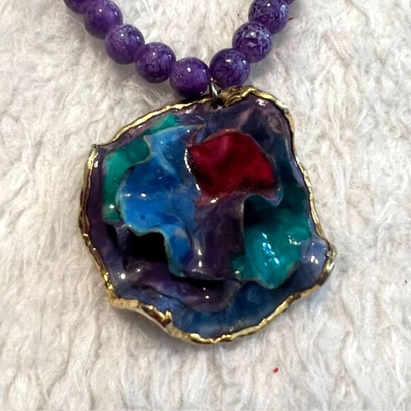 Purple Marble Beaded Flower Charm Elastic Bracelet - Picture 3 of 5